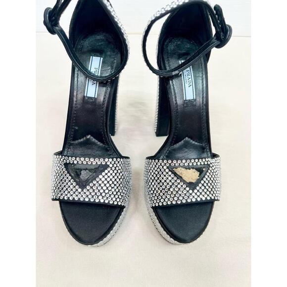 Prada Black Platform Rhinestone Block Heel Open Toe Ankle Strap Heels EU 37 FLAW - Picture 5 of 11